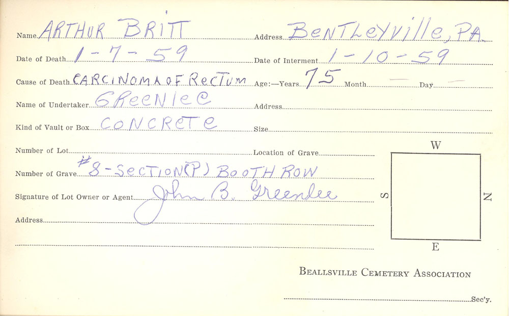 Arthur Britt burial card